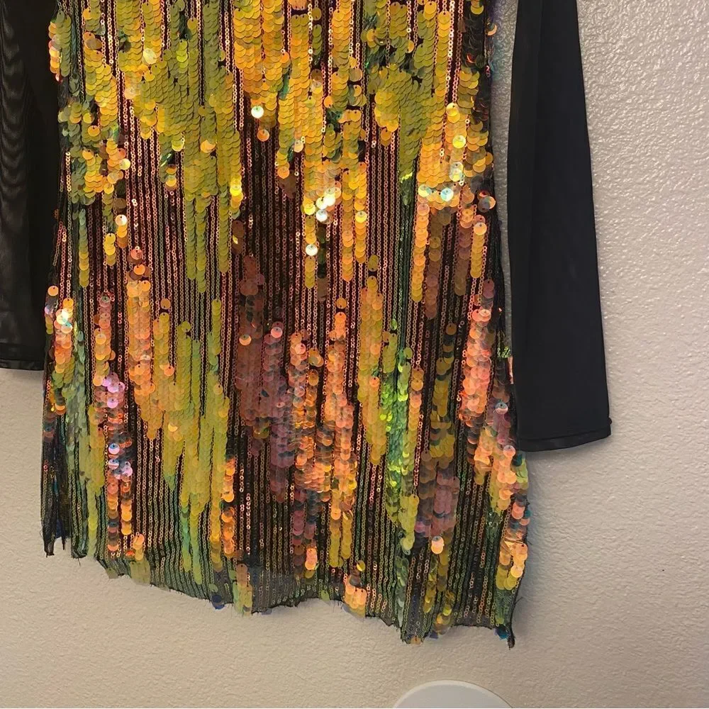WEISSMAN Dance Costume shift dress Long sleeve black gold sequin Cool 14452 XLC